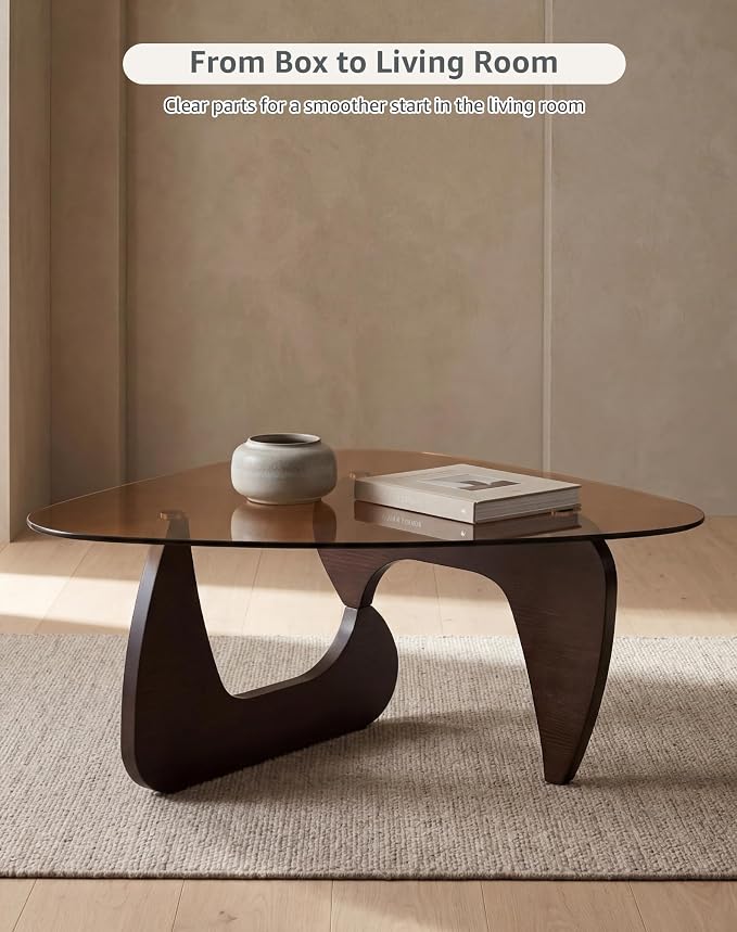 Black Glass Coffee Table for Living Room, 35.82" Small Triangle Coffee Table with Smoked Glass Top and MDF Wood Base, Mid Century Modern Center Table for Apartment, Sofa, Small Space