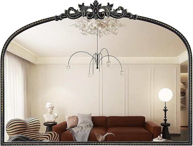 WallBeyond Black Vintage Mirror for Vanity 32x24 Inch, Black Antique Mirror with Ornate Frame, Arched Vintage Wall for Bathroom, Living Room, Fireplace, Entryway