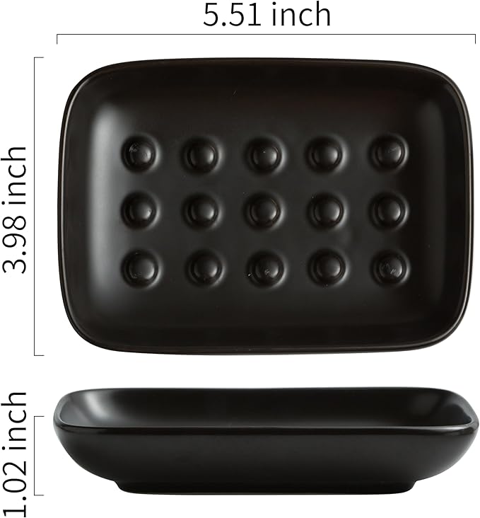 Soap Dish, Ceramic Soap Holder Shower Soap Dish for Bar Soap Sponge, Soap Saver Tray for Bathroom Kitchen Sink, Black (Pack of 2)