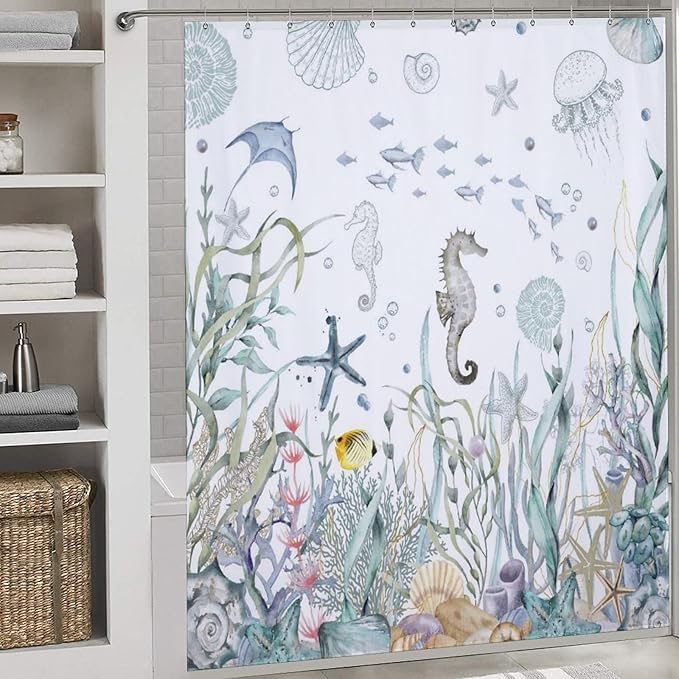 Nautical Beach Shower Curtains,Coastal Seahorse Undersea Animal Blue Green Ocean Coral Summer Beach Theme Bathroom Curtain Waterproof Fabric Machine Washable with Hooks,72x72Inch