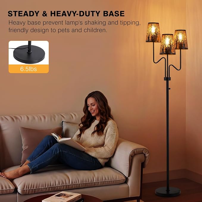 9MMML 3-Light Black Dimmable Floor Lamp for Living Room Bedroom 68'' Tall Standing Lamp with Metal Hollow Shades, 3 x E26 LED Bulb Included