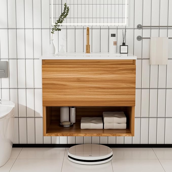 24 Inch Floating Bathroom Vanity with Sink, Modern Wall Mounted Bath Cabinet with Ceramic Top, Soft-Close Drawer & Open Shelf (Red Walnut/White Sink)