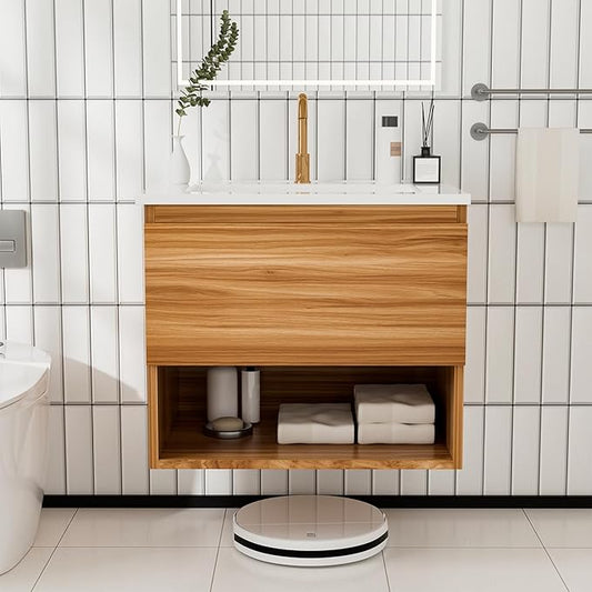 24 Inch Floating Bathroom Vanity with Sink, Modern Wall Mounted Bath Cabinet with Ceramic Top, Soft-Close Drawer & Open Shelf (Red Walnut/White Sink)
