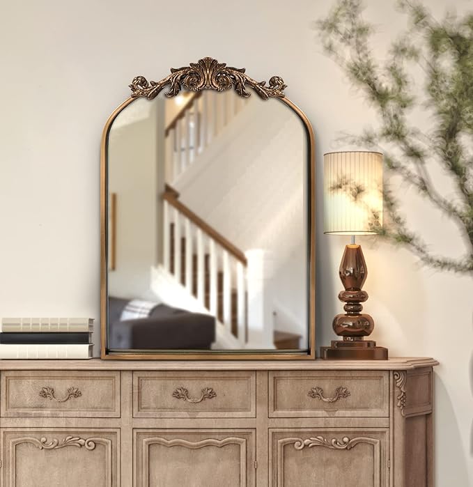 Gold Traditional Vintage Ornate Baroque Mirror,Gold Brass Mirror for Wall,Victorian Antique Bronze Mirrors Arched for Bathroom/Living Room/Hallway/Fireplace 19"X27"