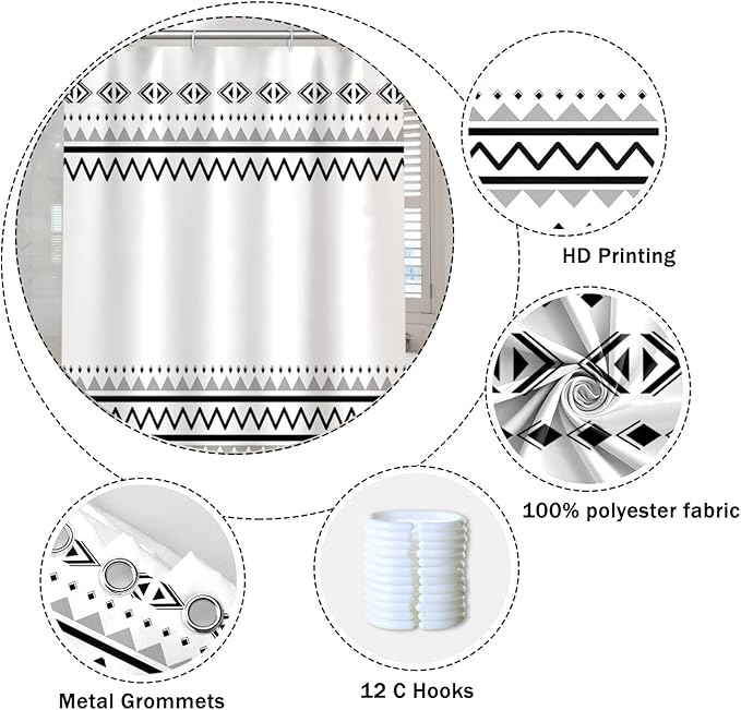 Abstract Pattern Bathroom Shower Curtain White Black Stripes Wave Waterproof Polyester Shower Curtains with Hooks Geometric Shower Curtain for Modern Home Decorative, 65x72 Inch