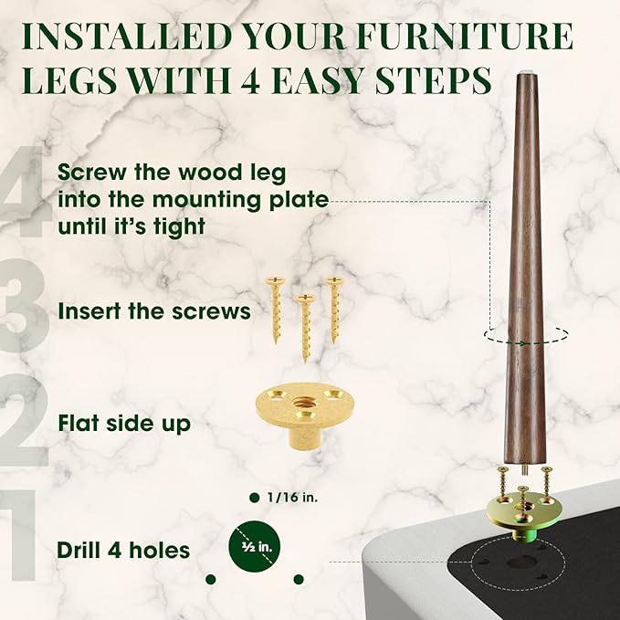 Yes4All Round Brown Wood Table Legs 16 Inches - Mid Century Replacement Feet for Coffee Table, End Table - Stable Rubber Wood Parts for Nightstand with Glides, Walnut, Set of 4