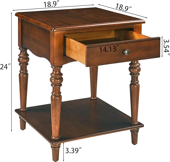 2-Set Solid Wood End Table with Drawer and Storage Shelf, Antique Designed Beside Table with Solid Wood Roman Legs, Square Accent Tables with Hand Carved for Living Room, Bedroom Cherry Brown