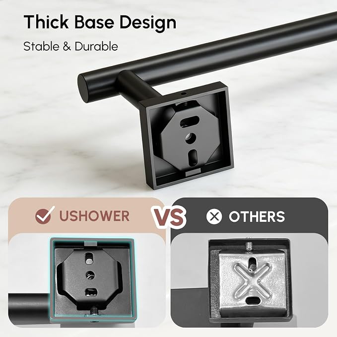 USHOWER Matte Black Towel Bar, 24 Inch Towel Racks for Bathroom Wall Mounted, 304 Stainless Steel Towel Holder with Square Base, Modern Home Decor (Total Length 26 Inch)