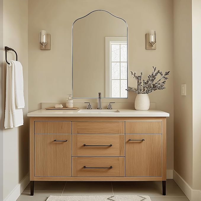 ANDY STAR Scalloped Arched Mirror, 22x35 Brushed Nickel Irregular Bathroom Mirror for Vanity, Asymmetrical Curved Top with Rustproof Stainless Steel Frame, for Entryway, Bedroom, Mantel, Fireplace