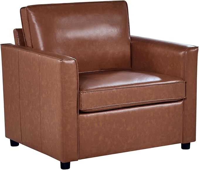 Oversized Armchair, 39" Accent Chair for Living Room, Mid-Century Modern Armchair with Deep Seat Cushion & Solid Wooden Legs, Comfy Faux Leather Side Chair for Reading, Small Space, Brown