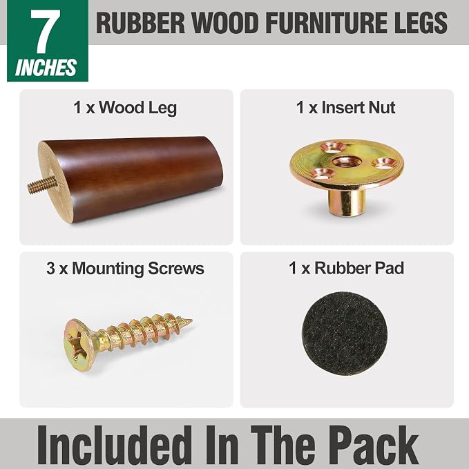 FoDau770 Brown Rubber Wood Furniture Legs 7 Inches, 5/16" UNC Slant Tapered Wood Feet Mid Century Sofa Legs, Wooden Furniture Feet Replacement Parts for Cabinet Couch Dresser Chair Ottoman Table