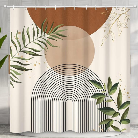 Boho Mid Century Shower Curtain, Brown Modern Minimalist Abstract Geometric Green Gold Plant Leaves Sun Arch Bathroom Curtains Waterproof Fabric Buthtub Curtain Set with Hooks 66" Wx72 L