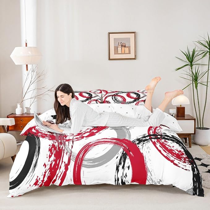 Geometric Circle Duvet Cover Set Full Size,Graffiti Retro Striped Swirls Bedding Set,Boys Girls Room Decor,Abstract Aesthetic Stripes Comforter Cover,Red White Quilt Cover,2 Pillowcases(No Filler)