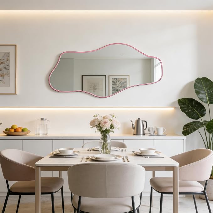 Large Irregular Mirror, 63"x30" Pink Asymmetrical Tempered Glass Mirror Full Length, Organic Frameless Wall Mirrors for Entryway Hallway Bedroom Living Room, Horizontal or Vertical Hanging