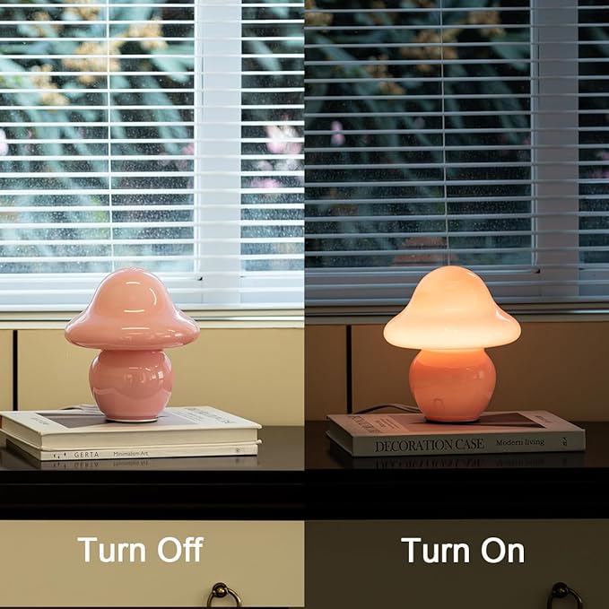 HEQET Mushroom Lamp Pink Glass Mushroom Table Lamp for Bedrooms, Living Room, Aesthetic Lamps for Bedroom, Cute Bedside Lamp