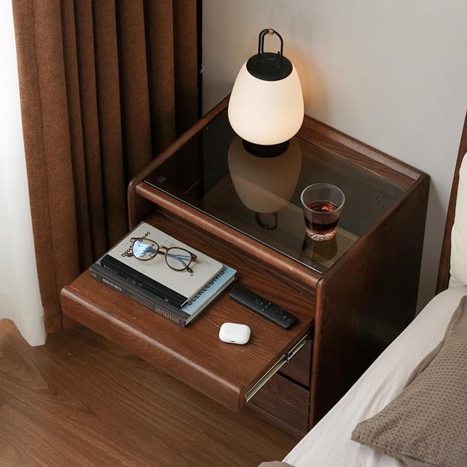 YESWOOD Solid Oak Nightstand with Hidden Drawers, Walnut Night Stand with Wheels, Rolling Bedside Table with Glass Tabletop and Open Shelf, Modern Wood Nightstand for Bedroom, Living Room(25.59" H)