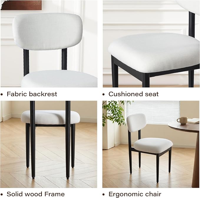 Casaphoria Upholstered Dining Chairs Set of 2, Mid-Century Modern Kitchen Chairs with Solid Wood Legs & Thick Cushion, Ergonomic Fabric Accent Chairs for Dining Room, Vanity & Office, White and Black