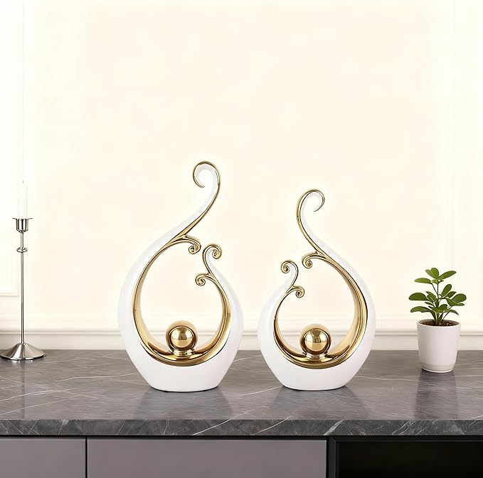 DOVDOV White and Gold Home Decor, Abstract Ceramic 2-Piece Sculpture Set, Modern mid-Century Art Statues, Perfect for Accent Tables, countertops, Coffee Tables, and entryway Decor.