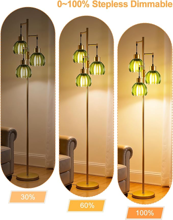 Lightdot 65'' Green Glass Floor Lamp Dimmable Gold Floor Lamps with Lotus Glass Shade& 3000K Bulbs Included 3-Lights Modern Tall Standing Lamp with 5Lbs Heavy Base for Living Room/Bedroom/Sofa Beside