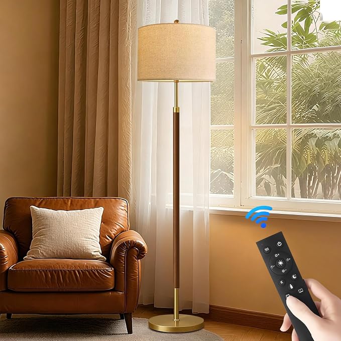 ILLMTW Wood Floor Lamp for Living Room,Bedroom,Vintage Mid Century Modern Standing Lamp with Remote Dimmable,Boho Gold Tall Lamp Fabric Lamp Shade Floor Lights Bohemian Tiffany Style