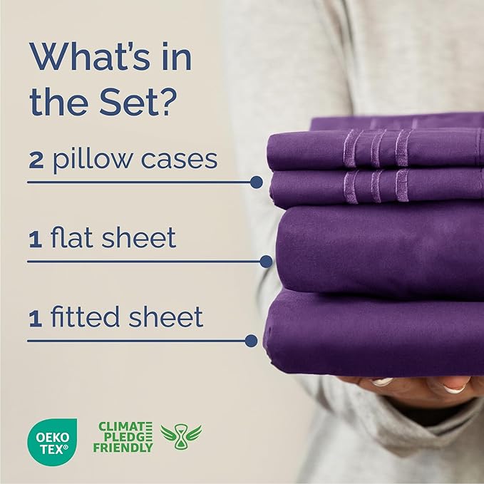 Queen Size 4 Piece Sheet Set - Comfy Breathable & Cooling Sheets - Hotel Luxury Bed Sheets for Women & Men - Deep Pockets, Easy-Fit, Extra Soft & Wrinkle Free Sheets - Purple Oeko-Tex Bed Sheet Set
