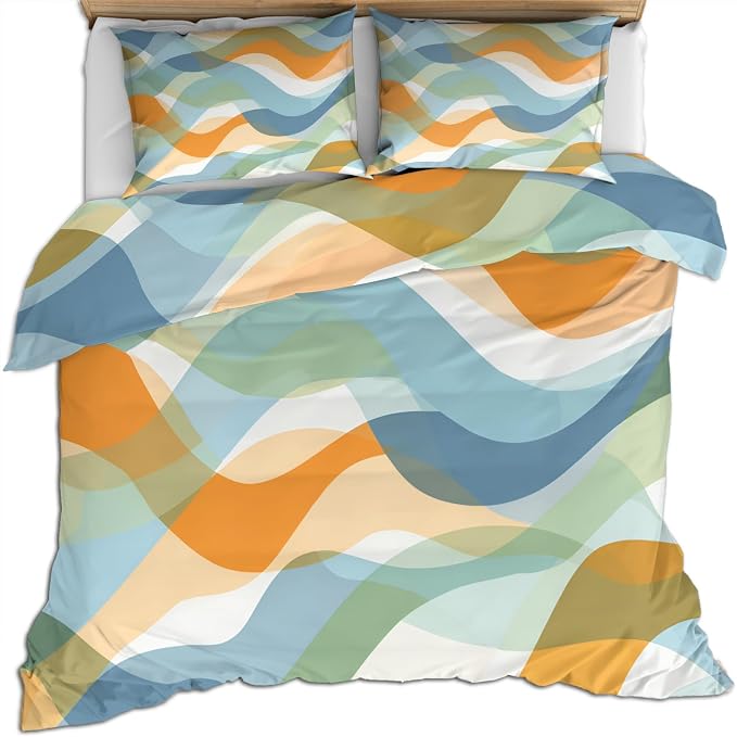 Retro Gradient Stripes Duvet Cover Twin Size, Modern Bedding Set 2 Piece Kids and Adults Abstract Marine Waves Comforter Cover and 1 Pillow Sham with Zipper Closure