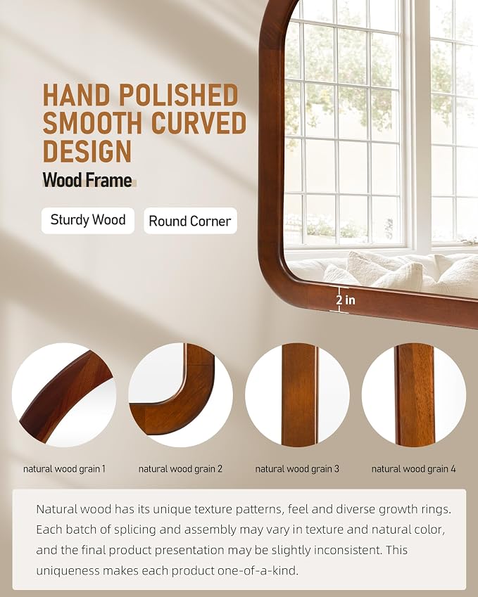 Arched Mirror 34 x 29 Inch,Walnut Brown Wood Rustic Bathroom Tempered Wall Mirror with Wood Frame,Round Corner Arch Farmhouse Wooden Vanity Mirror for Living Room,Entryway or Bedroom
