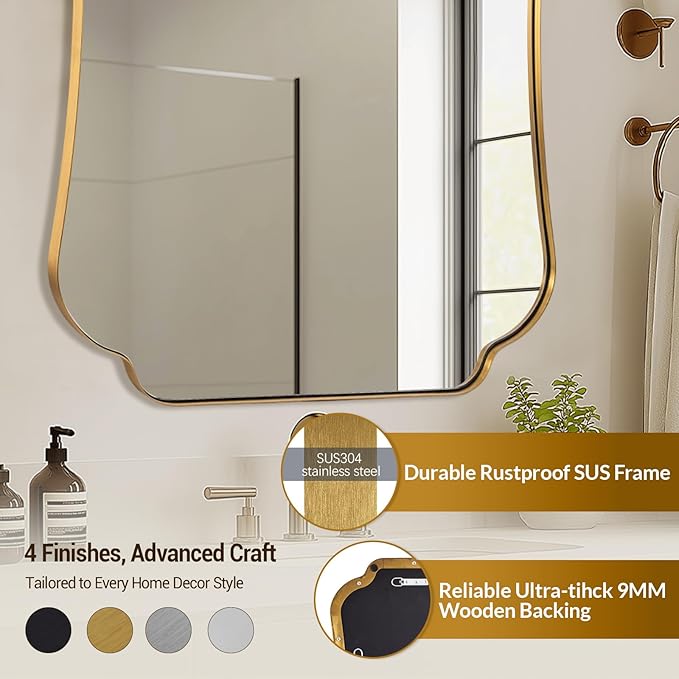 ANDY STAR 30x48 Gold Bathroom Mirror, Large Brushed Brass Scalloped Wall Mirror, Bathroom Wall Mirror with Stainless Steel Framed for Bedroom, Hallway