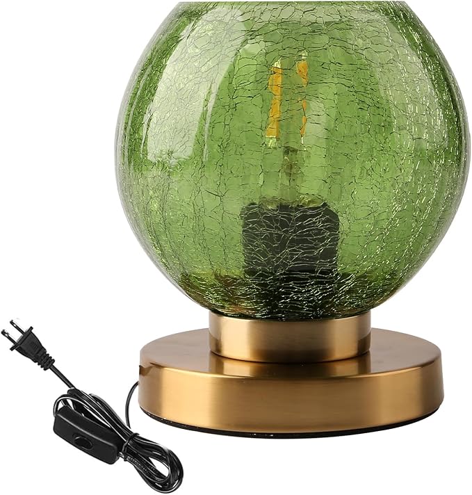Mid Century Modern Table Lamp with Crackled Glass Shade - Green Glass, Gold Finish - Desk & Nightstand Lamp - Small, Perfect for Bedside, Living Room, Office