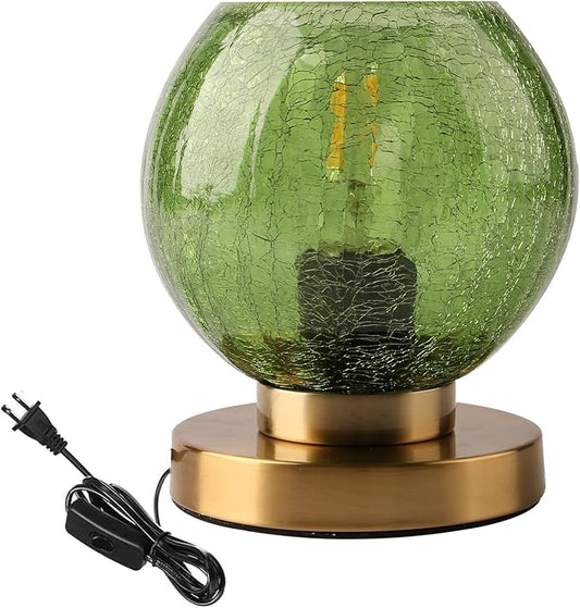 Mid Century Modern Table Lamp with Crackled Glass Shade - Green Glass, Gold Finish - Desk & Nightstand Lamp - Small, Perfect for Bedside, Living Room, Office