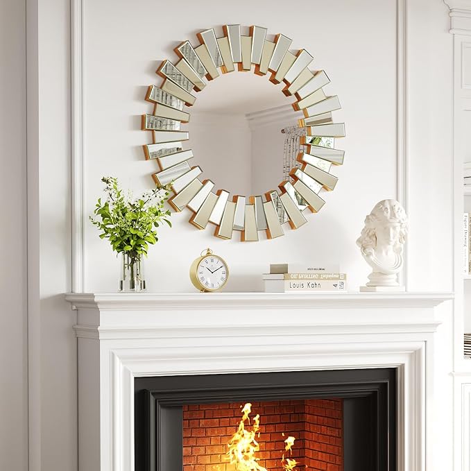 Gold Sunburst Mirror for Wall Decor, 26" Starburst Mirror with Beveled Glass Frame, Modern Accent for Living Room, Hallway, Bedroom,Entryway