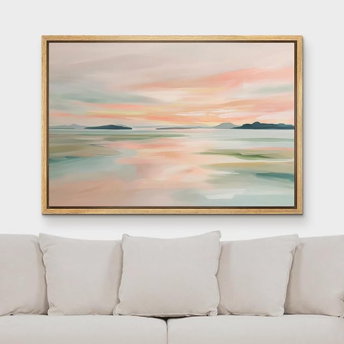 MUDECOR Framed Canvas Print Wall Art Pastel Coastal Landscape with Distant Islands Illustrations Minimalism Decorative Bohemian Zen for Living Room, Bedroom, Office - 24"x36" NATURAL