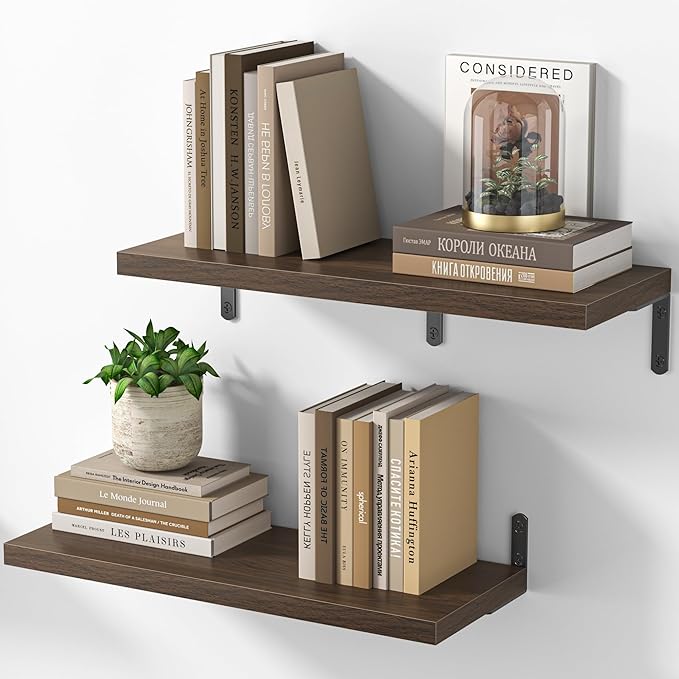 Marsmiles Extra Wide Floating Shelves for Wall, 24x8 Inch Natural Wood Grain Bookshelves, Heavy Duty Mounted Shelving for Bathroom, Kitchen, Living Room, Bedroom,Set of 2，Walnut