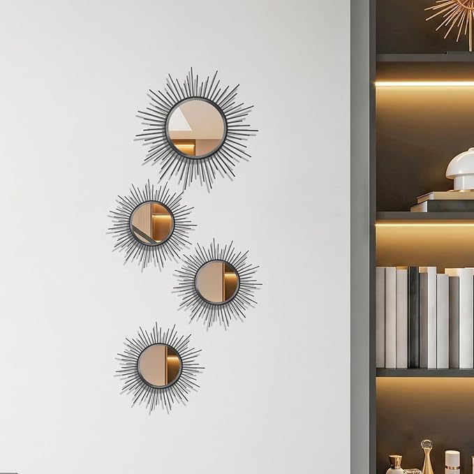 4 Set Metal Sunburst Mirrors for Wall Decor Living Room Bedroom Bathroom Dining Room Boho Gold Decorative Hanging Circle Vintage Art - Gold/Black/Silver 11.8 in/7.8 in