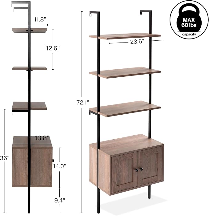 happimess MSH1002C Tulare 72.05" MidCentury Industrial 4-Shelf Wood Wall-Mounted Open Ladder Bookcase with Cabinet and Metal Frame, Brown/Black