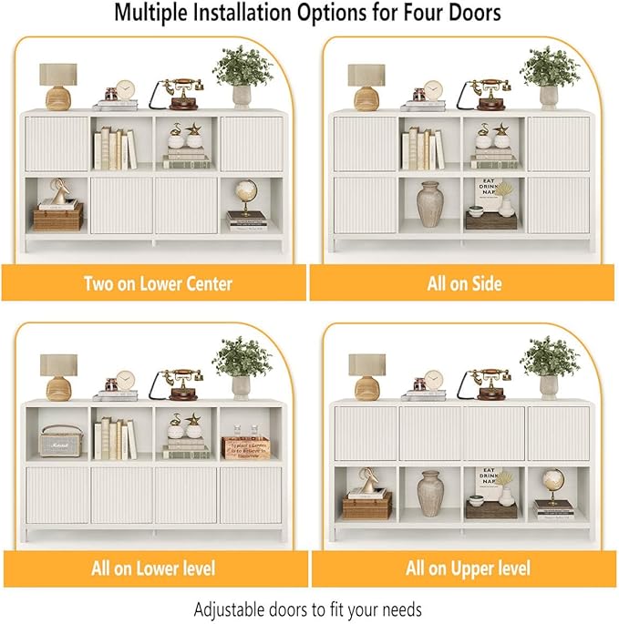 FATORRI Bookcase 8 Cube Storage Organizer, Horizontal Bookshelf with 4 Doors, Long Wooden Book Shelf for Home Office, Bedroom, Entryway (Antique White)