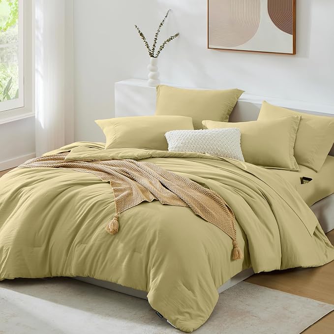 WRENSONGE Full Size Comforter Set- 7 Pieces Hemp Bed in a Bag Full Size Comforter with Fitted Sheet, Flat Sheet, 2 Pillow Shams, 2 Pillowcases, Warm Bedding Sets for All Season