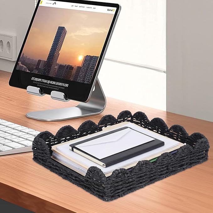 Woven Letter Tray, Paper Tray Organizer for Papers, Documents, Folders, Notebooks, and Stationery, Magazine File Holder, Mail Basket, Desk Organizers and Accessories, Office School Home Storage, Black