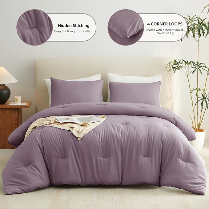 CozyLux Oversized Queen Comforter Set Dusty Purple, 3 Pieces 98"x98" Lightweight Down Alternative Quilted Bedding Sets, Grayish Purple All Season Solid Comforter with 2 Pillowcases, Bed Set Home Gift