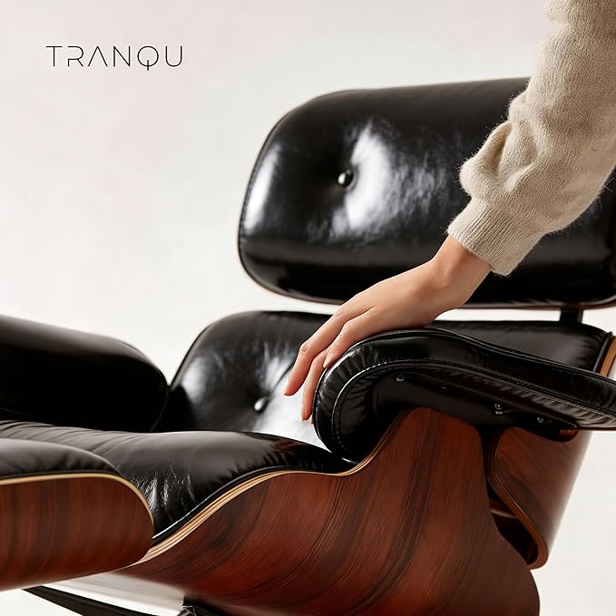 Mid-Century Genuine Top Grain Leather Chaise Lounge Chair & Ottoman, Rosewood Base, Modern Classic Design for Living Room & Office