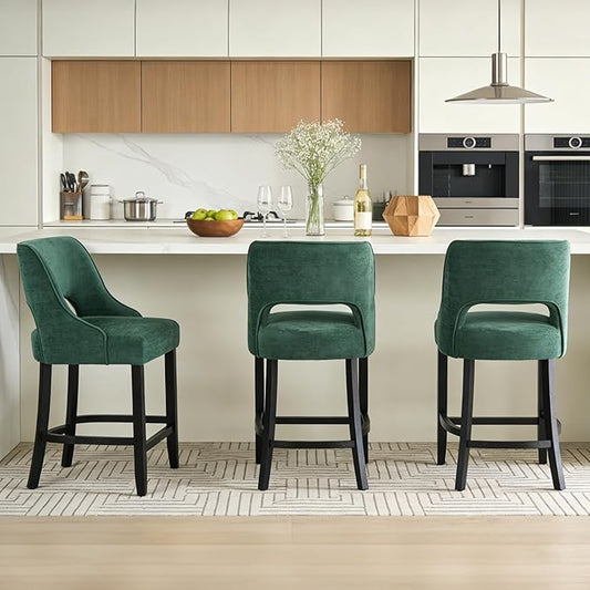 ClinQ Bar Stools Set of 3, 26" H Counter Height Bar Stools with Backs, Modern Upholstered Accent Barstools with Curved Footrest for Kitchen Island, Dining Room and Bar, Green-Black Legs