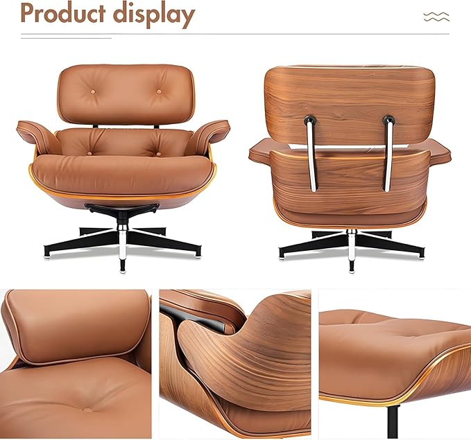 Mid Century Chaise Lounge Chair and Ottoman, Reading Chair, Leather Accent Chair, Modern Chair, Classic Design, Heavy Duty Base Support for Living Room Lounge Office (Walnut-Brown, Upgraded)