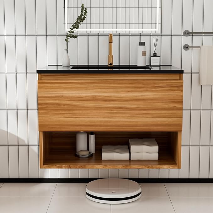 30 inch 3D Carved Bathroom Vanity with Open Compartment, Floating Cabinet with Hidden Soft-Close Drawer,with Ceramic Basin,Single Shelve,Mid Century Modern,Triamine Finish (Red Walnut/Black Sink)