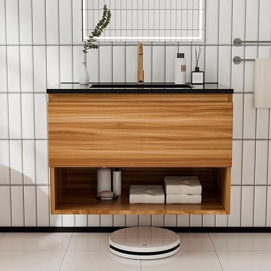 30 inch 3D Carved Bathroom Vanity with Open Compartment, Floating Cabinet with Hidden Soft-Close Drawer,with Ceramic Basin,Single Shelve,Mid Century Modern,Triamine Finish (Red Walnut/Black Sink)