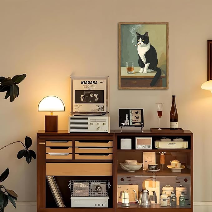 Funny Cat Wall Art Cute Black and White Tuxedo Cat with Cigarette Wall Decor Painting Vintage Animal Bar Poster Canvas Picture Print for Living Room Bedroom 16x24 inch Wood Framed
