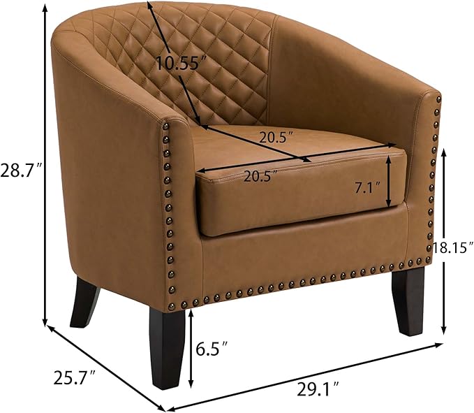 Accent Barrel Chair, Upholstered Faux Leather Club Chair with Nailed Trim, Comfy Reading Armchair for Living Room Bedroom Reception Room Office (Coffee, Set of 1)