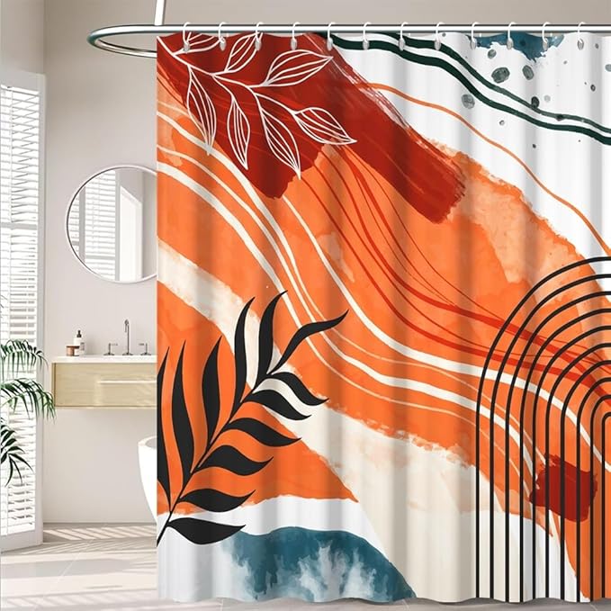 Mid Century Boho Shower Curtain for Bathroom Modern Abstract Aesthetic Bathroom Decor Set Abstract Geometric Leaf Bathtub Curtains Machine Washable Waterproof Polyester Fabric with Hooks 69x75 Inch