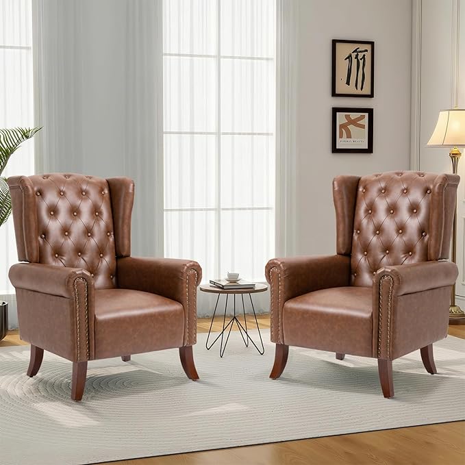 MOJAY Mid-Century Modern Living Room Chairs Set of 2, Upholstered Faux Leather Accent Chairs Club Arm Chair, Single Sofa Chair with Solid Wooden Legs for Bedroom Study Home Office Lounges (Brown)