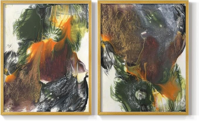 Renditions Gallery Set of 2 Peel & Stick Framed Prints, Watercolor Abstract Wall Art, Colorful Fluid Design Wall Decor, Re-Stickable - Ready to Hang - 16"x20" - GOLD Frame LT588