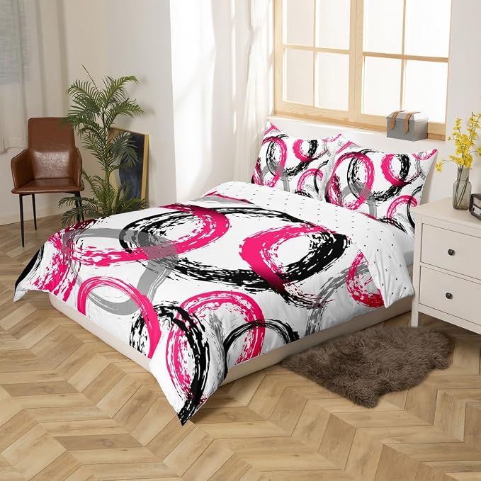 Geometric Circle Duvet Cover Set Full Size,Retro Striped Swirls Bedding Set,Girls Women Room Decor,Modern Abstract Texture Art Simple Comforter Cover,Pink White Quilt Cover,2 Pillowcases(No Filler)
